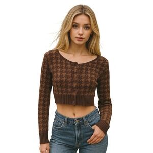 Y2K TIMING Brown Houndstooth Cropped Cardigan Long Sleeve Button Front Women L‎